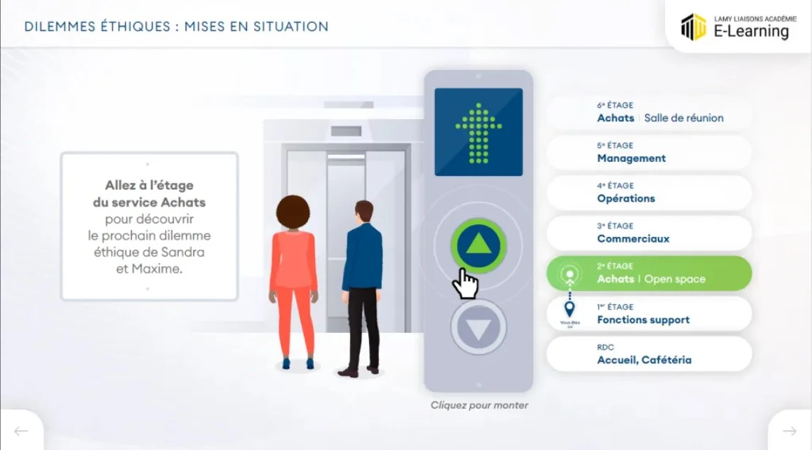Capture d'écran d'un module e-learning sur les dilemmes éthiques, affichée dans un ordinateur portable