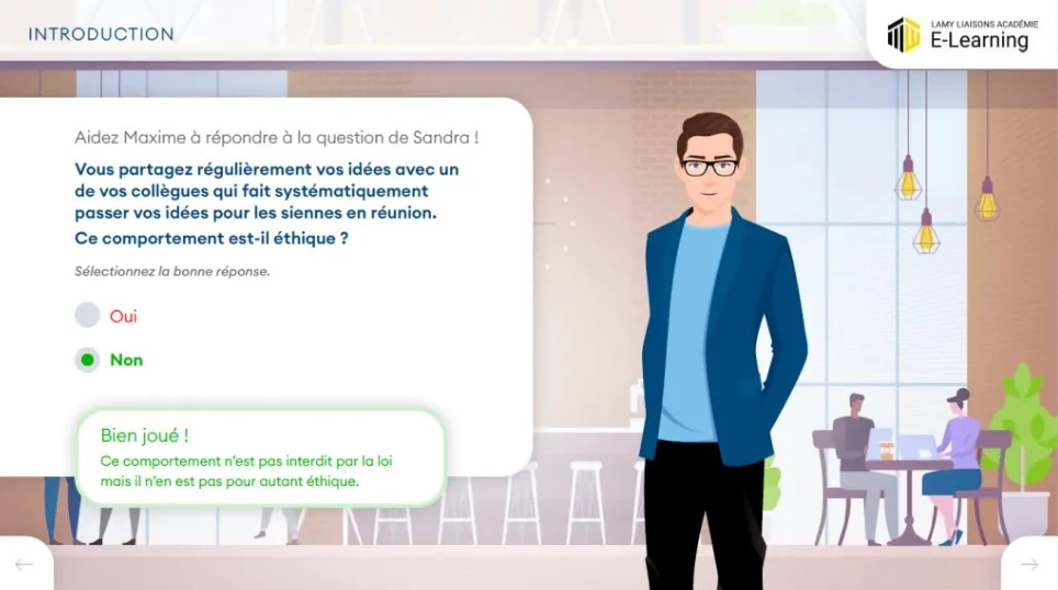 Capture d'écran d'un quiz e-learning sur l'éthique, affichée dans un ordinateur portable