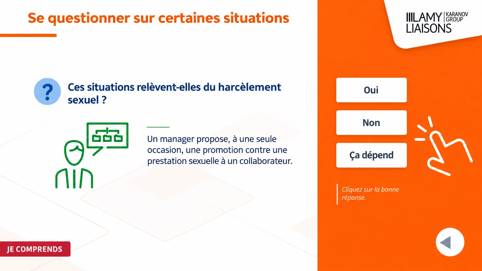 Capture d'écran d'une formation e-learning sur le harcèlement sexuel